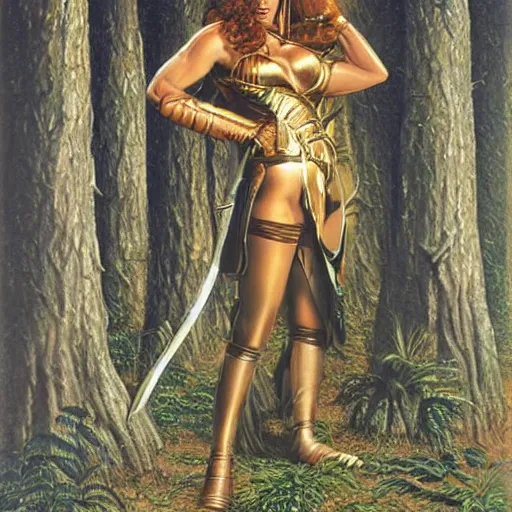 Image similar to keira knigjtley as amazon queen, in a metal forest, shadows, art by michael whelan