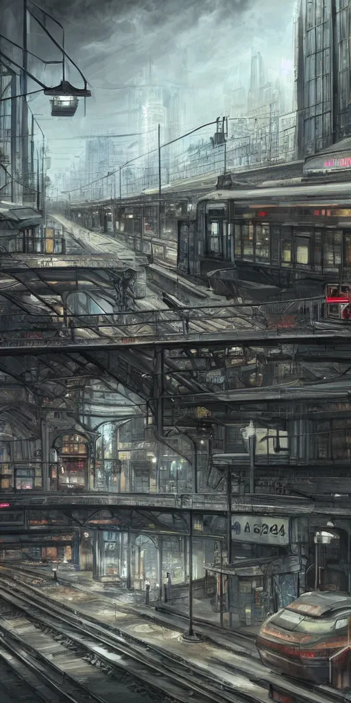 Prompt: 2 0 4 5 train station city landscale, concept art, illustration, highly detailed, artwork, hyper realistic, painting