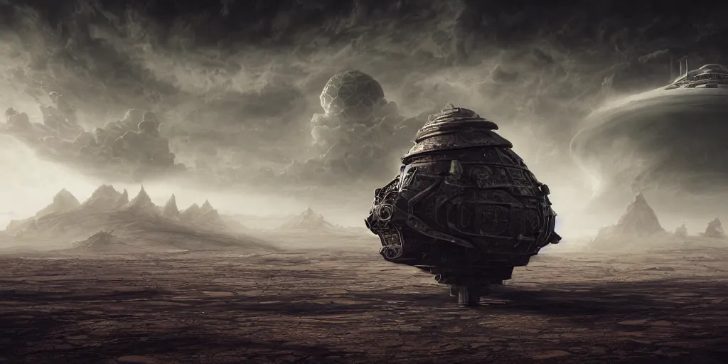 Image similar to a large ominous and geometric very ornate and detailed spaceship, lots of shapes intertwined very large and long floating over a barren dry land with an epic cloud formation on the background by James Paick,very detailed, octane render, 8k, scary and brooding, scary and dark, canon 24mm lens
