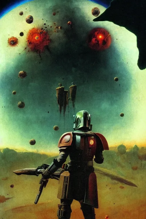 Prompt: backlit dramatic cinematic mandalorian by beksinski frazetta on background with destroyed planets and atomic bomb explosion, backlight