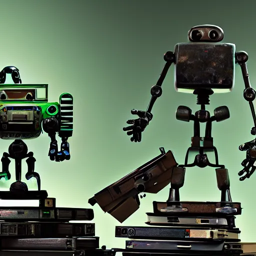 Image similar to marvin white modern robot with triangular green eyes standing on a pile of old computers with a gun in hand sci - fi photorealistic