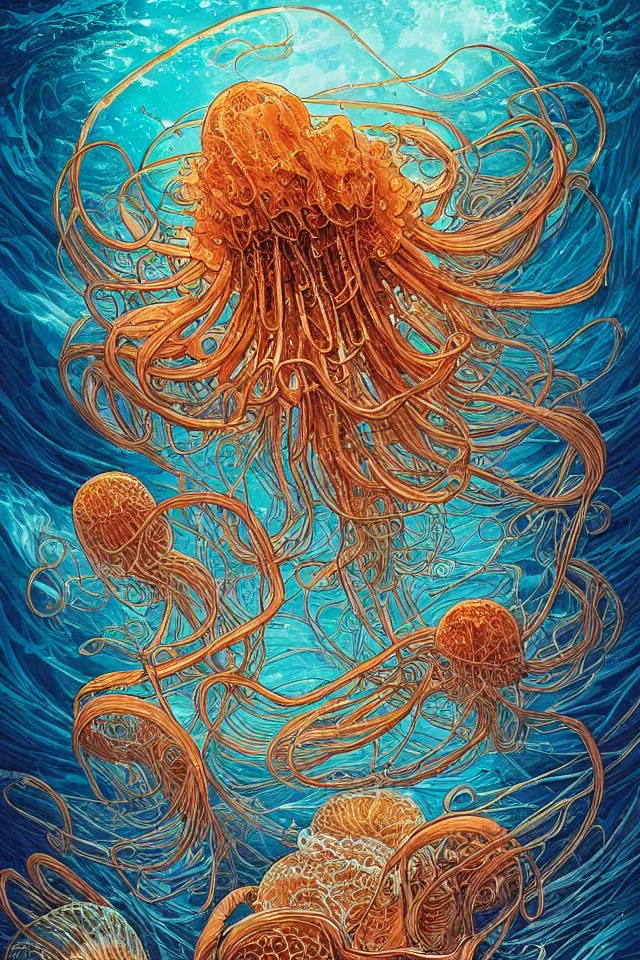 Image similar to a beautiful hyperrealistic ultradetailed comic cover art of gigantic glowing complex multi-layered intricate jellyfish creatures with long flowing tendrils, by Justin Gerard and Laurie Greasley and Peter Mohrbacher and Dan Mumford, tarot card art, detailed shading, micro details, dramatic lighting, volumetric lighting, 8k