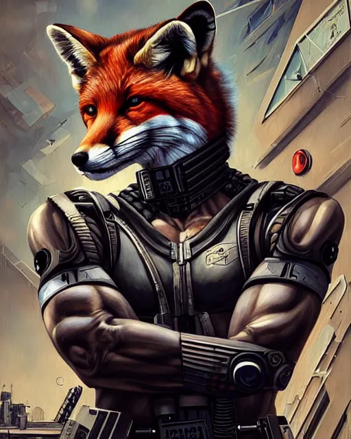 Image similar to a portrait of a muscular anthropomorphic cyberpunk fox by sandra chevrier, by jon foster, detailed render, pistol in holster, tape deck, epic composition, cybernetics, 4 k realistic, cryengine, realistic shaded lighting, sharp focus, masterpiece, by enki bilal