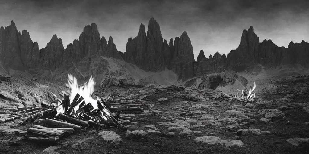 Image similar to 1920s photography of huge bonfire, dolomites in the background, occult signs, fire, alp, dolomites, alpine, detailed intricate insanely detailed octane render, 8k artistic 1920s photography, photorealistic, black and white, chiaroscuro, hd, by David Cronenberg, Raphael, Caravaggio