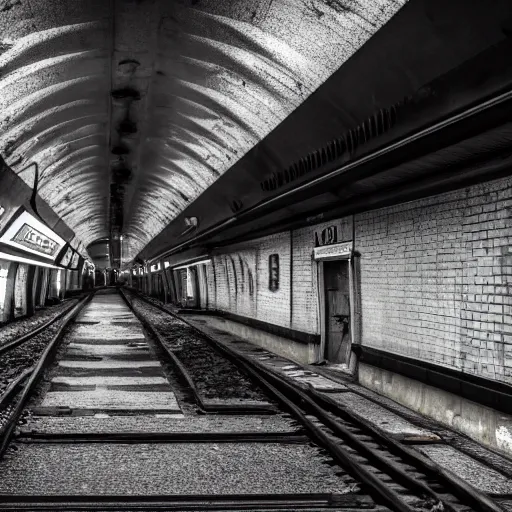 Prompt: abandoned london underground station, platform, haunting, beautiful, photorealistic, extreme detail, sharp focus, 4 k, award winning,