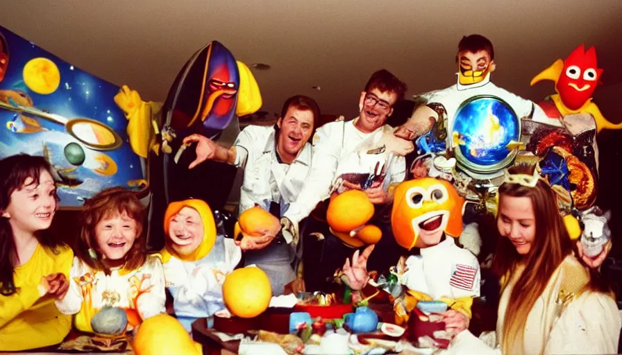 Prompt: 1990s candid photo of a beautiful day in the living room, cinematic lighting, cinematic look, golden hour, large costumed mascot business fruit people giving spaceship presentations to families, Enormous personified business fruit people with outstandingly happy faces coming out of a portal and talking to families about space and planets, UHD