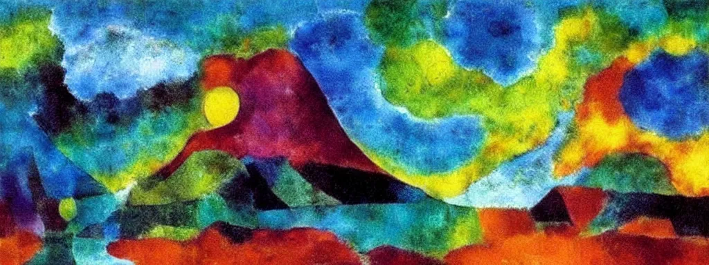 Image similar to Psychedelic sci-fi dreamworld. Landscape painting. Organic. Winding rushing water. Waves. Clouds. Emil Nolde. Paul Klee.