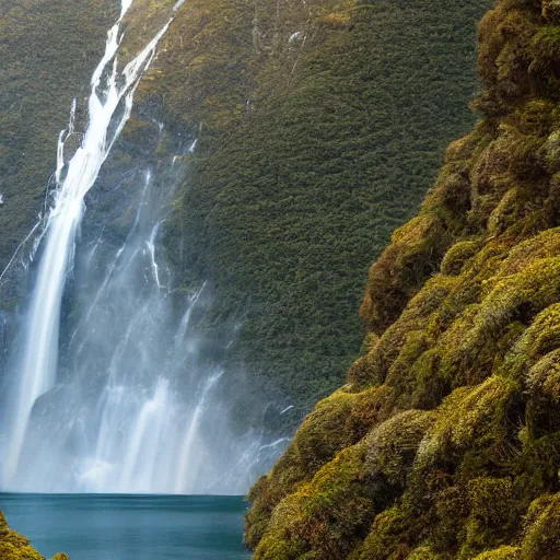 Image similar to new zealand doubtful sound, epic landscape oil painting, low camera angle, waterfall, golden hour