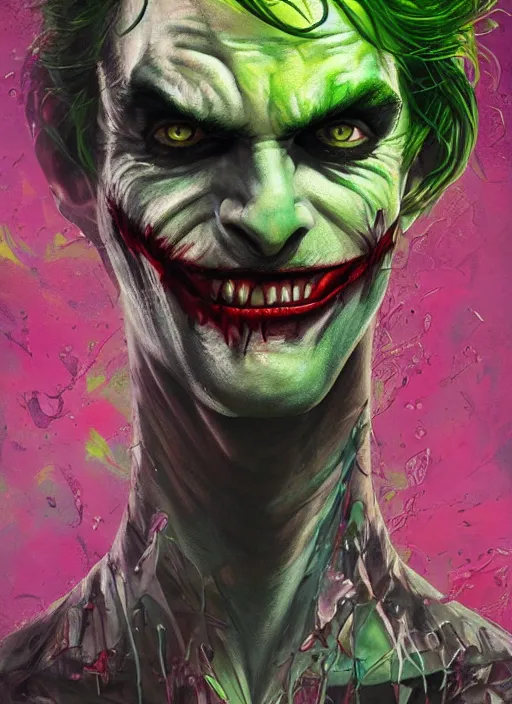 Image similar to a Demon Slayer portrait of The Joker, tall, pale-skinned, slender with lime green eyes and long eyelashes by Stanley Artgerm, Tom Bagshaw, Arthur Adams, Carne Griffiths, trending on Deviant Art, street art, face enhance, chillwave, maximalist, full of color, glittering