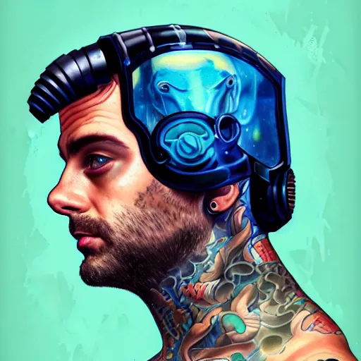 Image similar to a profile photo of a man with underwater helmet with tattoos on arm and neck, side profile in underwater, highly detailed, digital painting, artstation, illustration by Sandra Chevrier