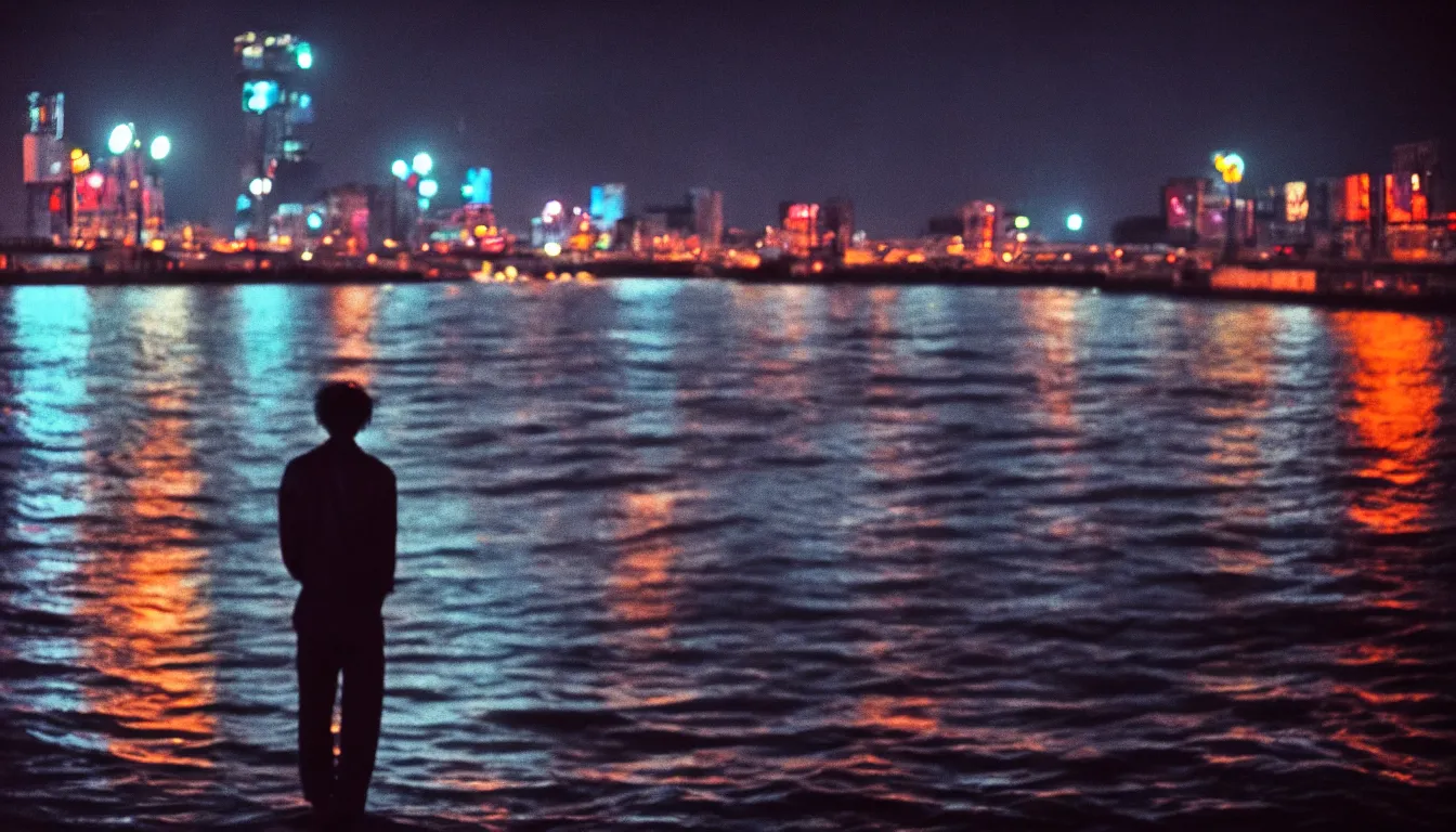 Prompt: 80s asian neon movie still with a lone man on a pier overlooking the river at night with city lights behind his back. Fallen angels movie still. hyperrealistic, high definition, medium format photography, highly detailed, tehnicolor, anamorphic 50mm lens