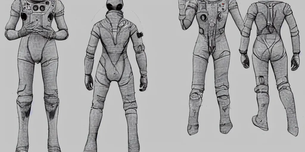 Prompt: male, space suit, character sheet, concept art, very stylized, large shoulders, short torso, long thin legs, cartoon proportions, tiny feet, concept design, by jean giraud