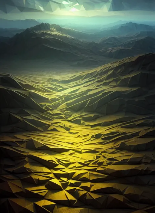 Image similar to a hyper - detailed 3 d render like a oil painting of late evening in the low - poly hills, surrealism!!!!! surreal concept art, lifelike, photorealistic, digital painting, aesthetic, smooth, sharp focus, artstation hd, by greg rutkowski, chris tulloch mccabe, valentina remenar, krenz cushart and asher duran,