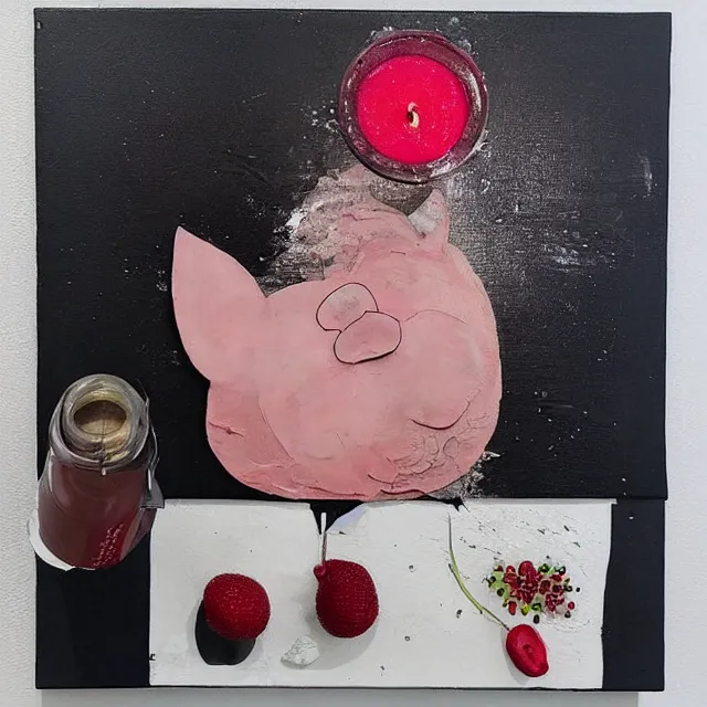 Image similar to “ a portrait in a female art student ’ s apartment, sensual, a pig theme, pork, half - finished sculpture, sculpture work in progress, a candle dripping white wax, clay, squashed berries, berry juice drips, acrylic and spray paint and oilstick on canvas, surrealism, neoexpressionism ”