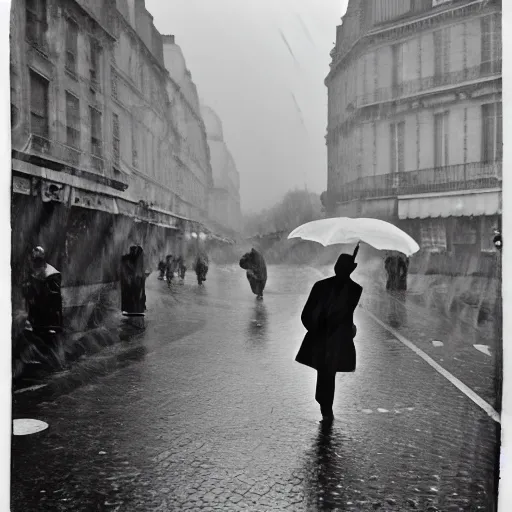 Image similar to the man leaping with an umbrella in a raining paris street, by henri cartier bresson,