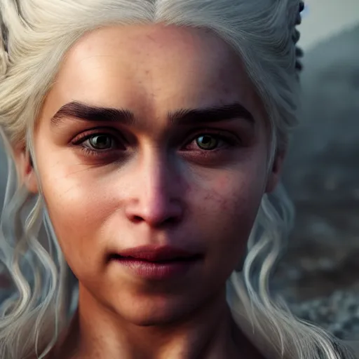 Prompt: close up portrait of daenerys targaryen, happy face, burning eyes, hair floating in the wind, 3 d render, unreal engine, intricate, elegant, 4 k