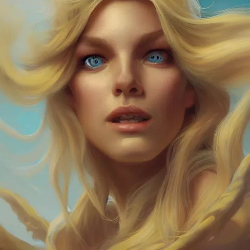 Image similar to an insanely detailed portrait of a beautiful woman facing you, highly detailed features, sparkling blue eyes, long eyelashes, long golden blonde hair, beautiful smile, in the style of peter mohrbacher, artgerm, dramatic lighting and composition, octane render, trending on artstation, concept art 8 k