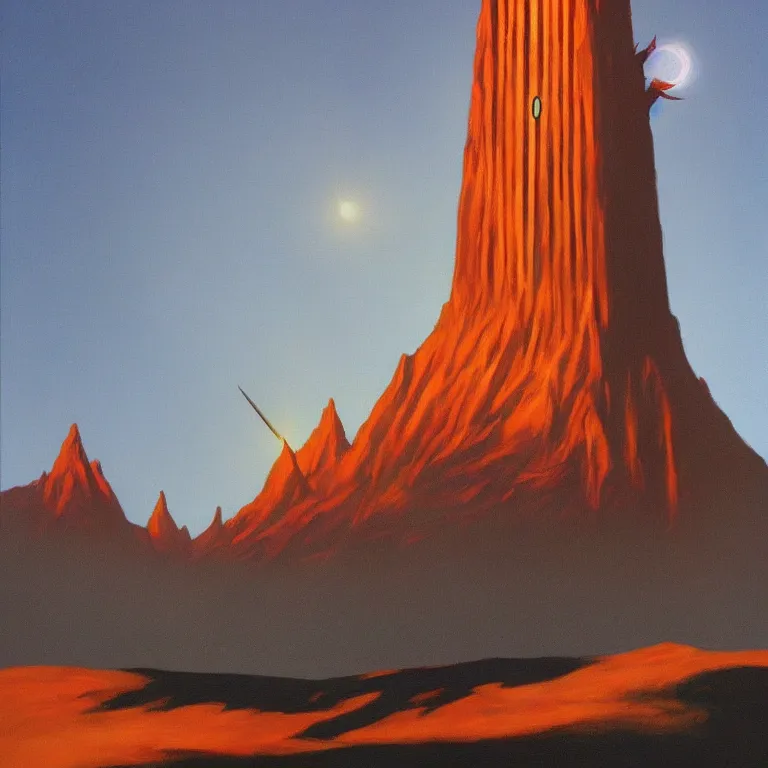 Image similar to tower of Sauron, Middle Earth, Lord of the Rings, designed by Apple, painted by Edward Hopper, painted by James Gilleard, airbrush