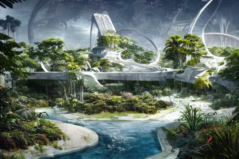 Image similar to brutalist futuristic white Aztec structures, manicured garden of eden, pools and streams, tropical foliage, birds, sculpture gardens, Spring, by Jessica Rossier and Brian Froud