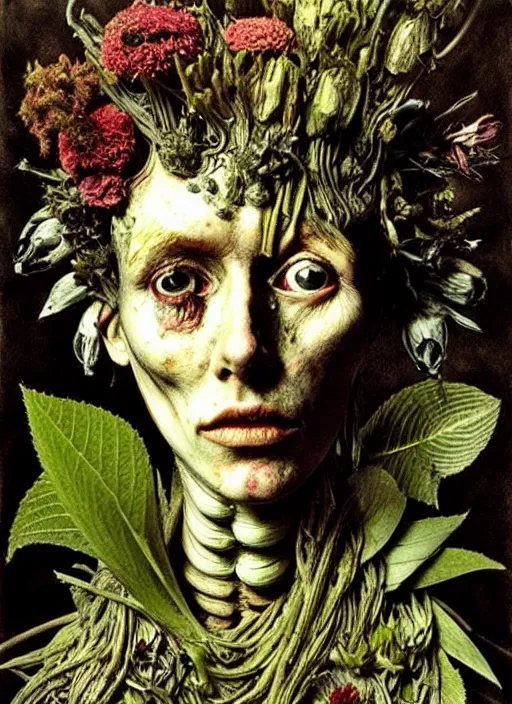 Image similar to beautiful and detailed rotten woman made of plants and many different types of flowers, muscles, intricate, organs, ornate, surreal, john constable, guy denning, dan hillier, manera, van gogh, caravaggio