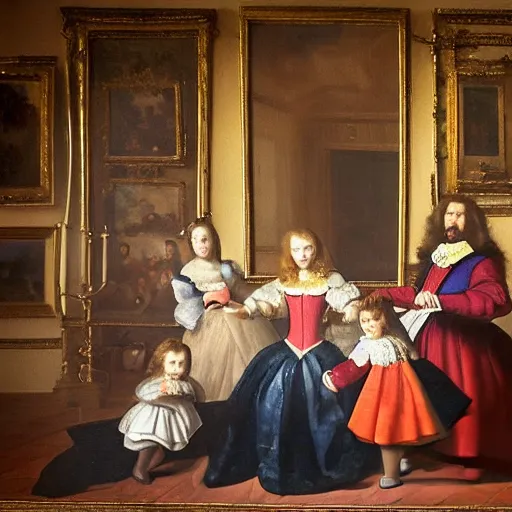 Image similar to super quality family portrait in the main room of the castle painted in 1 6 5 6, dark room, one point of light coming through the window inspired by las meninas, clear spaces between each subject and good detail and realistic eyes, faces for each person in the canva, inspired by diego velasquez baroque style