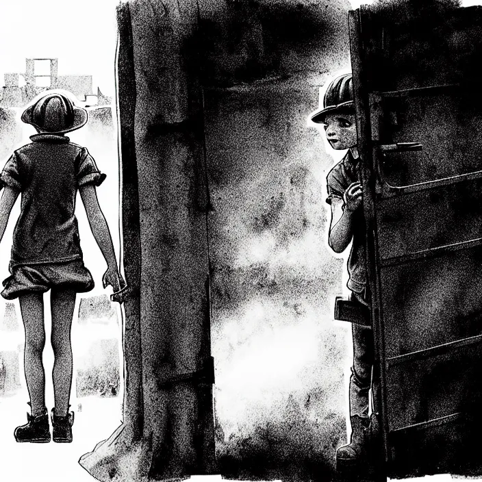 Image similar to [ sadie sink in dirty workmen clothes waves goodbye ] to workmen. near a gate. background : factory, dirty, polluted. technique : black and white pencil and ink. by gabriel hardman, joe alves, chris bonura. cinematic atmosphere, detailed and intricate, perfect anatomy