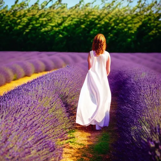 Prompt: a beautiful woman walking through a lavender field , cinematic, 8k, glowing