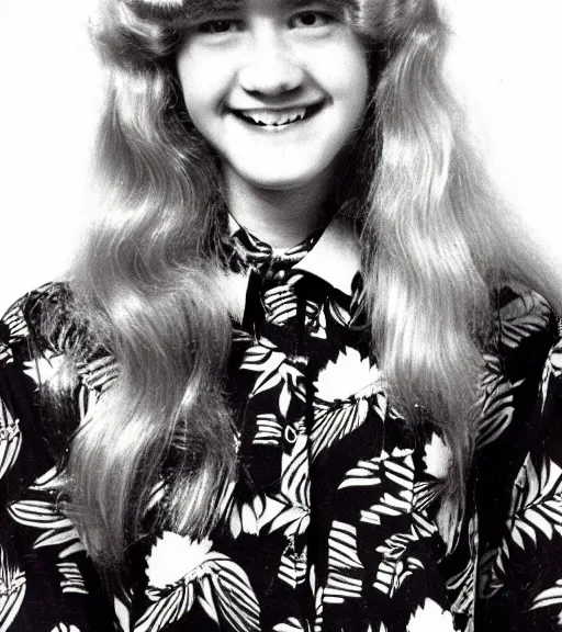 Image similar to 1 9 8 0 s highschool girl with big blonde hair, a black and white patterned shirt, magenta hair clip, yearbook photo