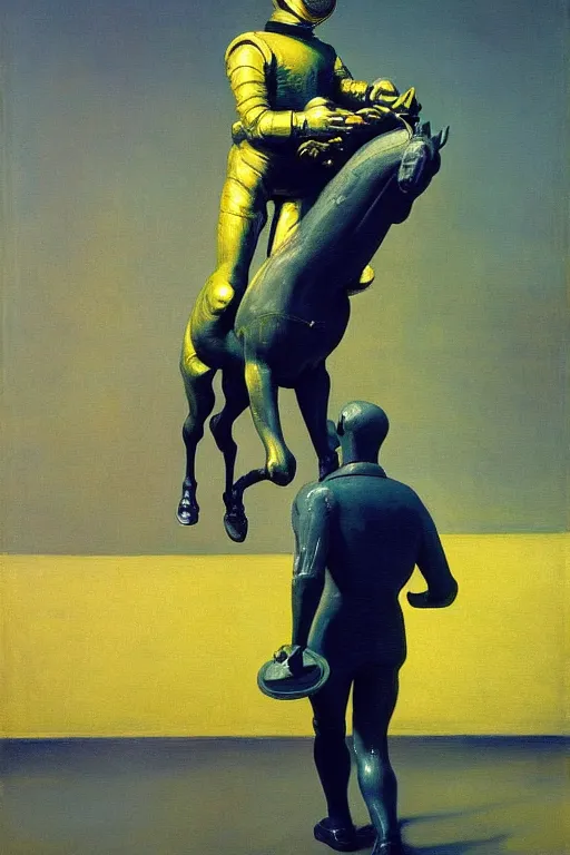 Image similar to astronaut carries a statue of a horse in his hands, hauntingly surreal, highly detailed painting by francis bacon, edward hopper, adrian ghenie, gerhard richter, and james jean soft light 4 k,