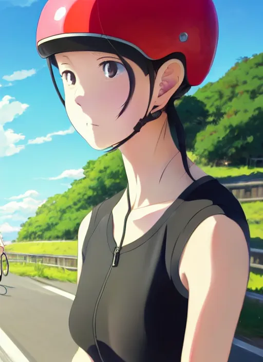 Prompt: portrait of cute girl riding road bike, sunny sky background, lush landscape, illustration concept art anime key visual trending pixiv fanbox by wlop and greg rutkowski and makoto shinkai and studio ghibli and kyoto animation, symmetrical facial features, sports clothing, red road bike helmet, cycling suit, backlit, aerodynamic frame, gta 5