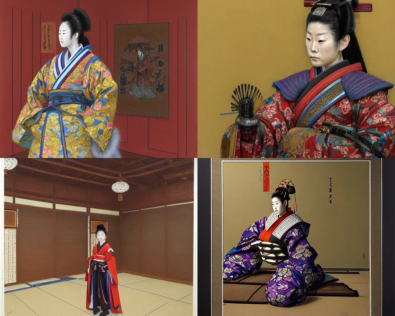 Prompt: portrait of a beautiful female samurai wearing ceremonial armor in a dojo, by donato giancola, centered
