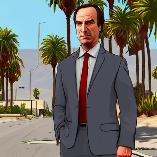 Image similar to Saul Goodman in GTA V . Los Santos in the background, palm trees. In the art style of Stephen Bliss.