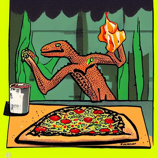 Prompt: lizard man, eating pizza, thunderstorm, texas, crying