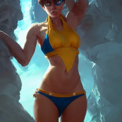 Prompt: portait of tracer in a bikini, hyperdetailed, intricate, very beautiful face, pretty face, by greg rutkowski, wlop, unreal engine 5, trending on artstation