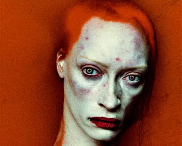 Image similar to by francis bacon, beksinski, mystical redscale photography evocative, full eyebrows lips. kat dennings uma thurman christina hendricks tilda swinton