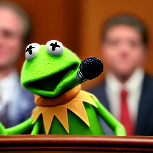 Prompt: Kermit the Frog wearing a suit, sitting in front of a microphone, shouting at congress.