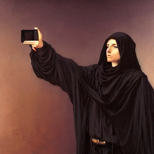 Prompt: artistic scene of a Death taking a selfie a black cloak, a rainbow in the dark, colorful, by Michael Whelan, William Adolphe Bouguereau, and Donato Giancola, highly rendered, beautiful, cyberpunk, moody lighting, glowing light and shadow, atmospheric, shadowy, cinematic, 8K