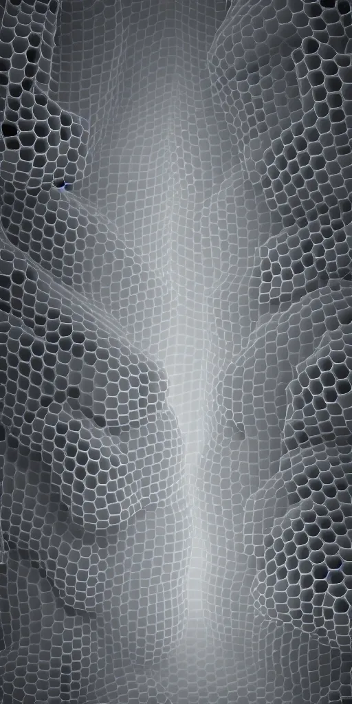 Image similar to a 3 d render of two anthropomorphic figures, made of an honeycomb organic pattern of transparent crystal, surrounded by fog, on a dark background, depth of field, dramatic, gritty, by etienne - louis boullee and frank gehry, hyper realistic, 4 k, unreal engine, ray tracing, trending on artstation