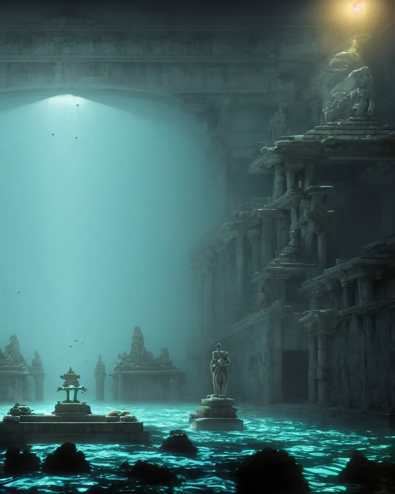 Image similar to full color, low wide shot of submerged pre - incan temple, underwater, statues, anime style mixed with fujifilm, dark, foggy, atmospheric, artstation, cgsociety, octane render, cgi, unreal engine 5, denoise, detailed, cinematic masterpiece