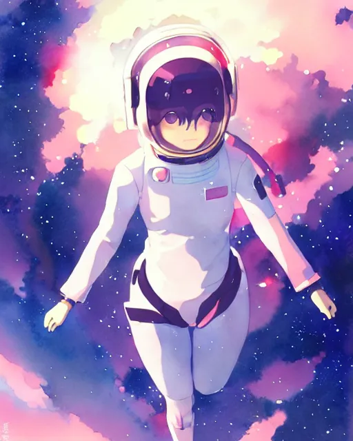 Image similar to oriental water color of a cute thicc astronaut woman, floating through space, backlit, by makoto shinkai and krenz cushart