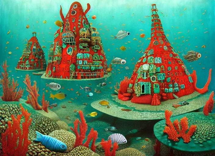 Image similar to underwater city with fish citizens inside!! the seashell, green and red seaweed, red corals, small scandinavian!!! houses, little people!!!, by jacek yerka by levitan, surrealistic painting, masterpiece, oil painting, sharp focus, highly detailed, intricate, smooth, 8 k,