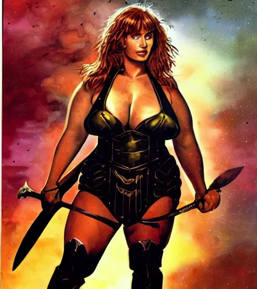 Image similar to 1 9 8 0 s fantasy novel book cover, bbw plus size amazonian bryce dallas howard in extremely tight bikini armor wielding a cartoonishly large sword, exaggerated body features, dark and smoky background, low quality print