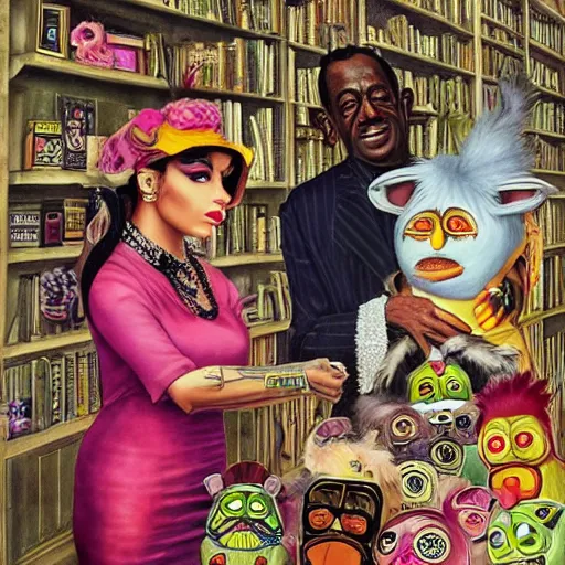 Image similar to beautiful lifelike painting of flava flav and amy winehouse buying a rare furby collection in downton abbey, hyperreal detailed facial features and uv lighting, art by ed roth and basil wolverton