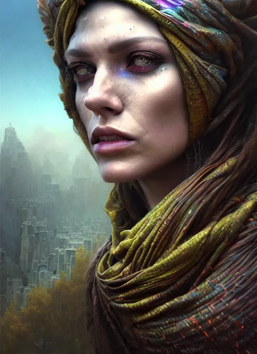 Prompt: closeup portrait shot of a glitched woman wearing a bandana in a scenic dystopian environment, intricate, elegant, highly detailed, centered, digital painting, artstation, concept art, smooth, sharp focus, illustration, artgerm, tomasz alen kopera, peter mohrbacher, donato giancola, joseph christian leyendecker, wlop, boris vallejo