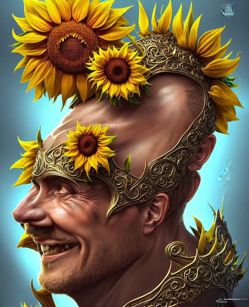 Image similar to digital art, centered full body of Putin smiling king, Sunflower crown, ,intricate, veins, by James Jean and by artgerm , by ross tran ultradetailed, charachter design, concept art, trending on artstation,