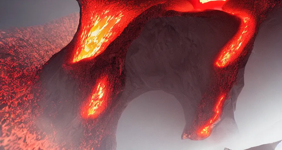 Prompt: a volcano made of ivory vines and crimson rocks enters in eruption, it spits a smoke in the shape of demonic eye, by CGSociety