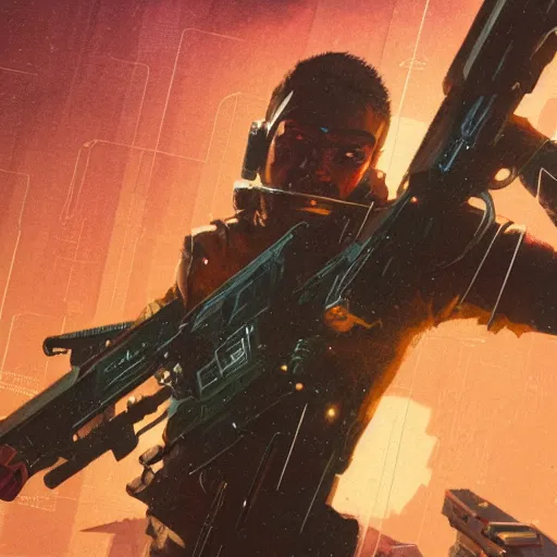 Prompt: close up illustration of a cyberpunk gunslinger pointing his gun shooting bullets, very detailed, 8 k, by greg rutkowski,