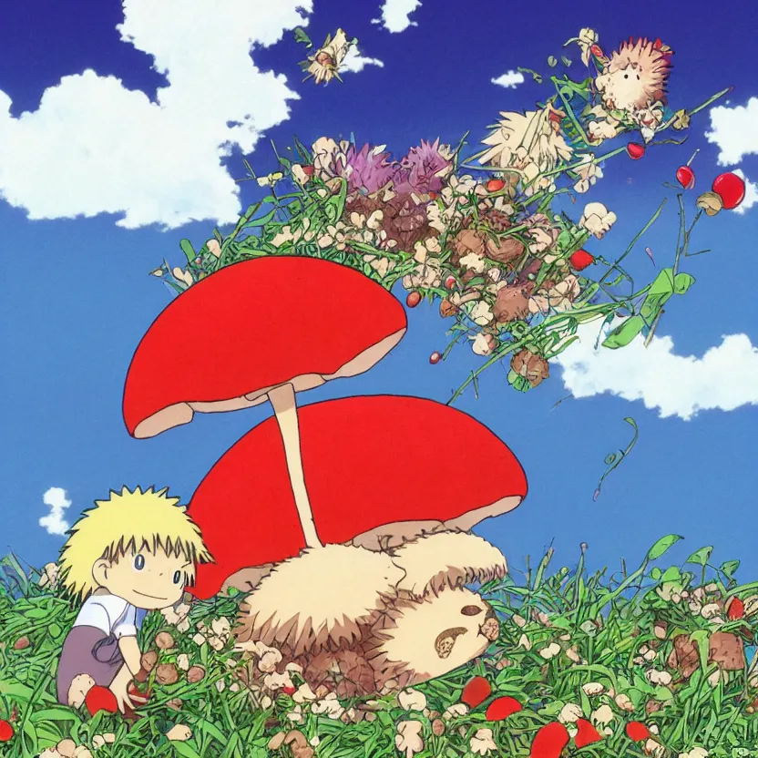 Image similar to anime by hayao miyazaki, hedgehog with purple needles hides under fly agaric from the rain