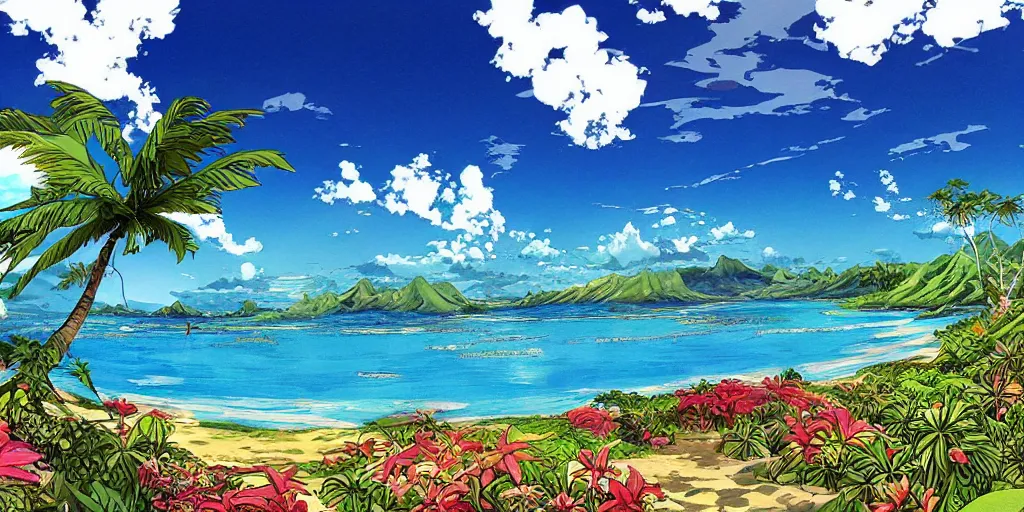 Prompt: detailed anime illustration of a beautiful hawaii landscape, ocean lagoon, breathtaking clouds by makoto shinka
