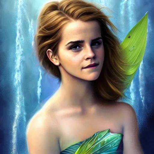 Prompt: a epic mark brooks painting of emma watson as a water fairy holding a raindrop and smiling, 8 k, ultra detailed, lighting, water, big leaves, pond, illustration, trending on art station, digial art by lois van baarle
